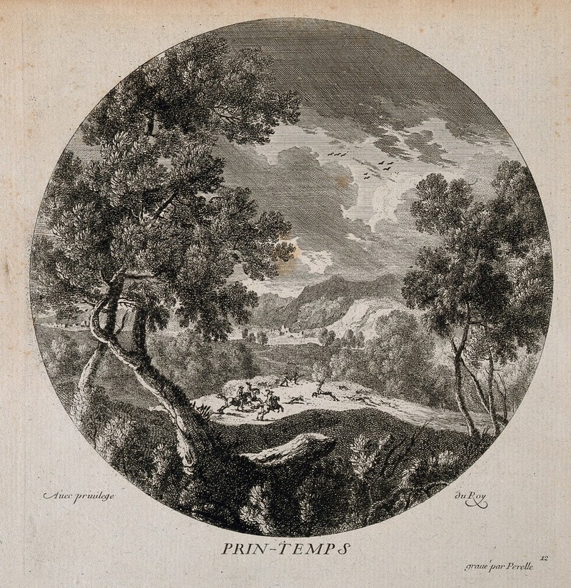 A hunting scene seen from above; representing spring. Etching by N. Perelle, 17th century., by Nicolas Perelle