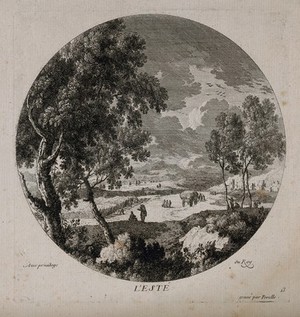view A harvesting scene representing summer. Etching by N. Perelle, 17th century.
