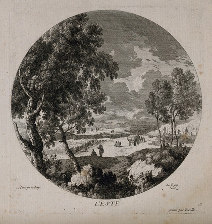 A harvesting scene representing summer. Etching by N. Perelle, 17th century.