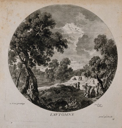 People walk in the countryside amidst a grape harvest; representing autumn. Etching by N. Perelle, 17th century.