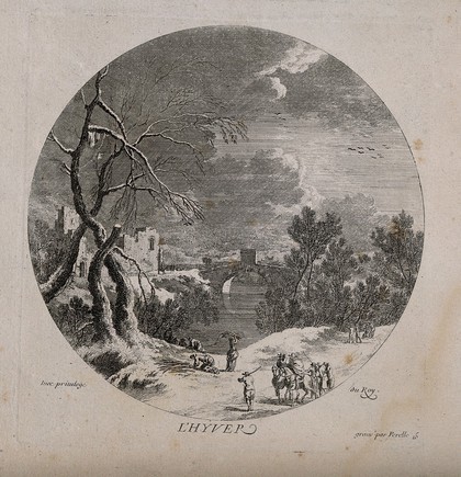 People collecting wood in the snow; representing winter. Etching by N. Perelle, 17th century.