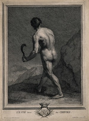 view A naked man walks through a rocky landscape with a scythe; representing summer. Etching by J. Coelemans, 1703, after L. Cardi da Cigoli.