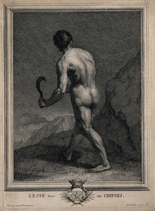 A naked man walks through a rocky landscape with a scythe; representing summer. Etching by J. Coelemans, 1703, after L. Cardi da Cigoli.