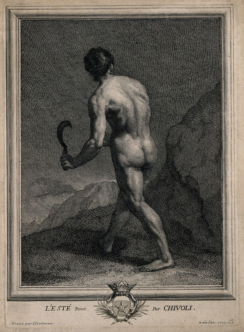 A naked man walks through a rocky landscape with a scythe; representing summer. Etching by J. Coelemans, 1703, after L. Cardi da Cigoli., [between 1700 and 1799], by Cigoli
