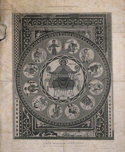 Medieval Christian mosaic from Santa Maria Assunta Cathedral in Aoste, Italy; representing the months of the year. Etching by C. Martel after E. Aubert.