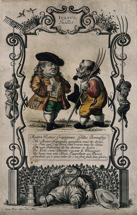 A labourer asks a gentleman for his wages so that he may get drunk; both represented as dwarfs. Coloured etching after M. Engelbrecht, 1715.