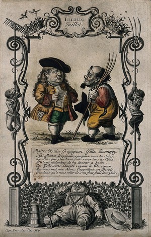 view A labourer asks a gentleman for his wages so that he may get drunk; both represented as dwarfs. Coloured etching after M. Engelbrecht, 1715.