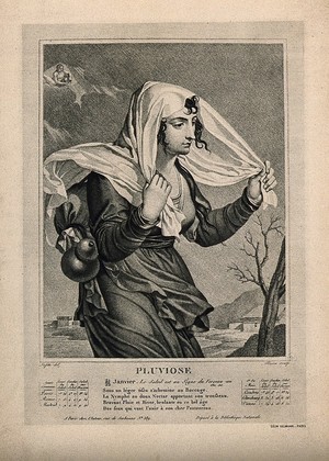 view A woman walking in the rain as a figure in the clouds pours a bucket; representing Aquarius in the astrological year. Lithograph after S. Tresca after L. Lafitte.