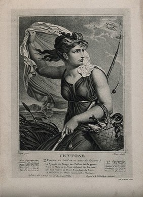 A fisherwoman blown by the wind; representing Pisces in the astrological year. Lithograph after S. Tresca after L. Lafitte.