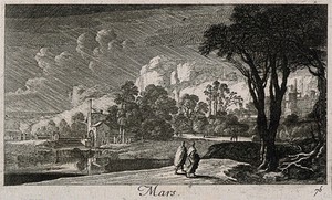 view Two men walking near a mill; representing March. Etching by G. Perelle, c. 1660.