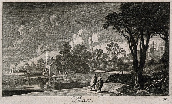 Two men walking near a mill; representing March. Etching by G. Perelle, c. 1660.