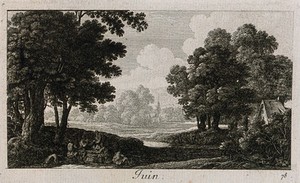 view People eating in the shade beneath a tree; representing June. Etching by G. Perelle, c. 1660.