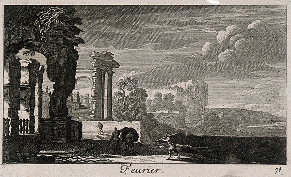 A landscape with ruins and men with a donkey carrying wood; representing February. Etching by G. Perelle, c. 1660.