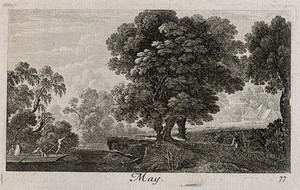 view People rowing on a river overlooked by a large tree; representing May. Etching by G. Perelle, c. 1660.