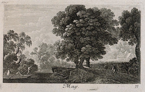 People rowing on a river overlooked by a large tree; representing May. Etching by G. Perelle, c. 1660.