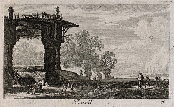 People outdoors in April near a large ruined castle, riding, driving livestock, and preparing to launder clothes; representing April. Etching by G. Perelle, c. 1660.