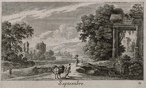 view A grape harvest; representing September. Etching by G. Perelle, c. 1660.