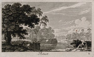 view Bathers in a lake; representing August. Etching by G. Perelle, c. 1660.