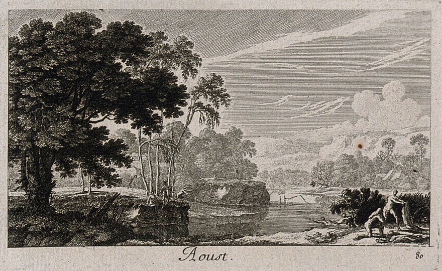 Bathers in a lake; representing August. Etching by G. Perelle, c. 1660.