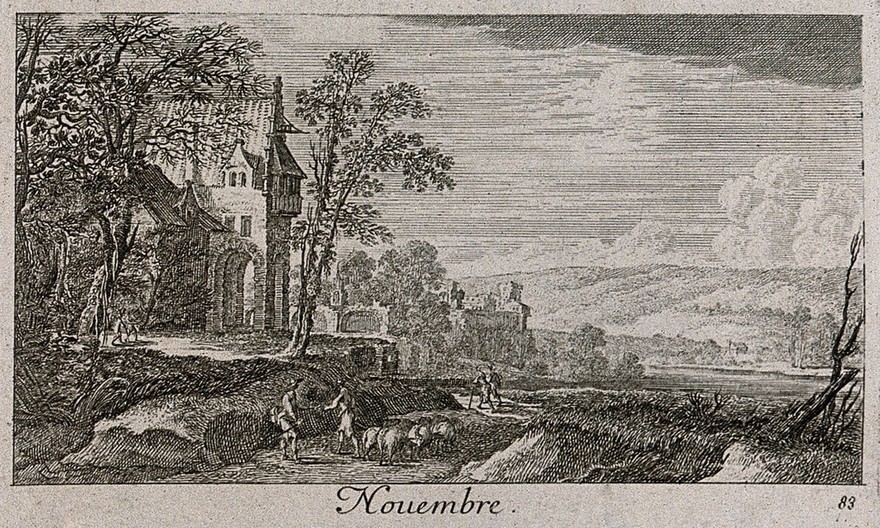 A farmer with some sheep; representing November. Etching by G. Perelle, c. 1660.