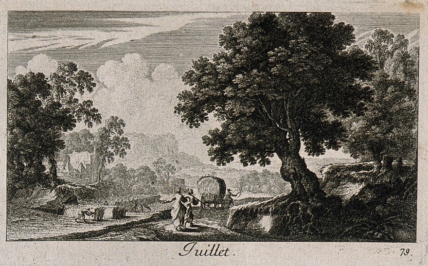 A field being harvested; representing July. Etching by G. Perelle, c. 1660.