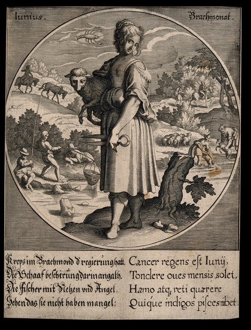 A woman with shears holding a sheep; representing June. Engraving.