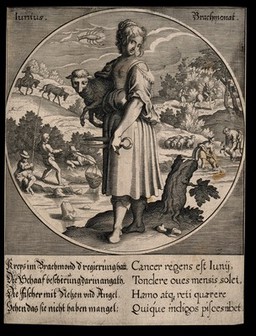 A woman with shears holding a sheep; representing June. Engraving.