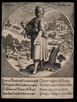 A woman with shears holding a sheep; representing June. Engraving.
