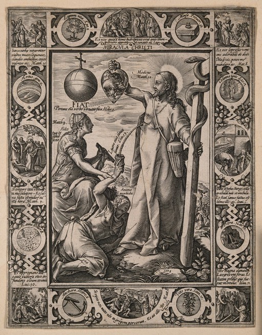 Christ holds up a glass heart filled with animals and cures a sick woman with the fluid from the wound in his side. Engraving by H. Goltzius, 1578.
