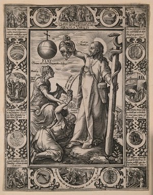 view Christ holds up a glass heart filled with animals (sins) and cures a sick woman with the fluid from the wound in his side. Engraving by H. Goltzius, 1578.