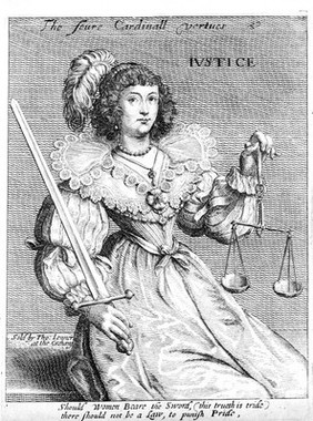 A woman with a sword and a balance; representing justice. Etching, 16--.