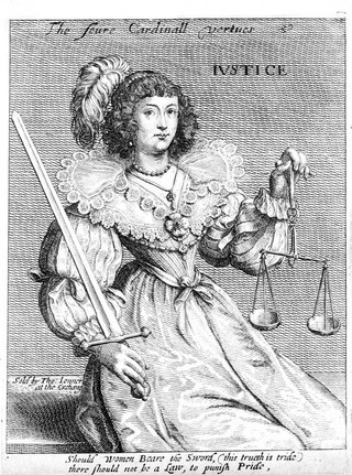 A woman with a sword and a balance; representing justice. Etching, 16--.