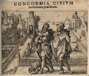 view Two men walking above a city; representing harmony of religious or political states. Etching by C. Murer after himself, c. 1600-1614.