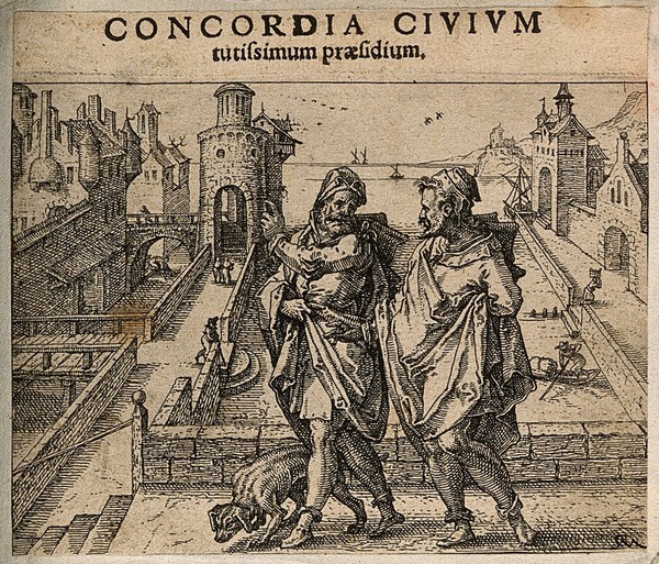 Two men walking above a city; representing harmony of religious or political states. Etching by C. Murer after himself, c. 1600-1614.