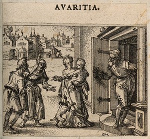 view A wealthy bürger refuses charity to an old couple. Etching by C. Murer after himself, c. 1600-1614.