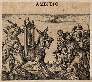 view Men worship an ass bearing a religious image; alluding to both Aesop's fable of the ass and idol worship in Arianism and contemporary Catholicism. Etching by C. Murer after himself, c. 1600-1614.