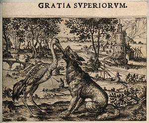 view A crane inserts its beak into the mouth of a wolf; illustrating Aesop's fable. Etching by C. Murer after himself, c. 1600-1614.