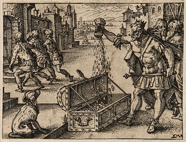 The Roman emperor Valens pours money into a coffer; an officer is arrested and led to prison. Etching by C. Murer after himself, c. 1600-1614.