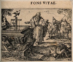 view A prophet points to a cross which is leaking water; representing faith, the 'fountain of life'. Etching by C. Murer after himself, c. 1600-1614.