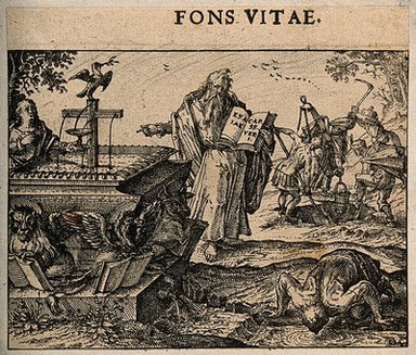 A prophet points to a cross which is leaking water; representing faith, the 'fountain of life'. Etching by C. Murer after himself, c. 1600-1614.