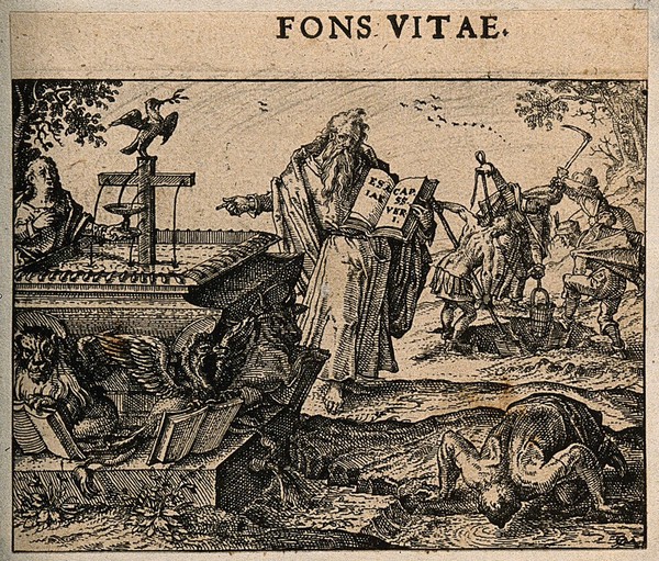 A prophet points to a cross which is leaking water; representing faith, the 'fountain of life'. Etching by C. Murer after himself, c. 1600-1614.