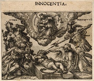 view Innocence attacked from four corners by "Iudex", "Persequutiō", "Avaritia" and "Invidia"; Justice looks down from above. Etching by C. Murer after himself, c. 1600-1614.