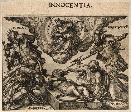 Innocence attacked from four corners by "Iudex", "Persequutiō", "Avaritia" and "Invidia"; Justice looks down from above. Etching by C. Murer after himself, c. 1600-1614.