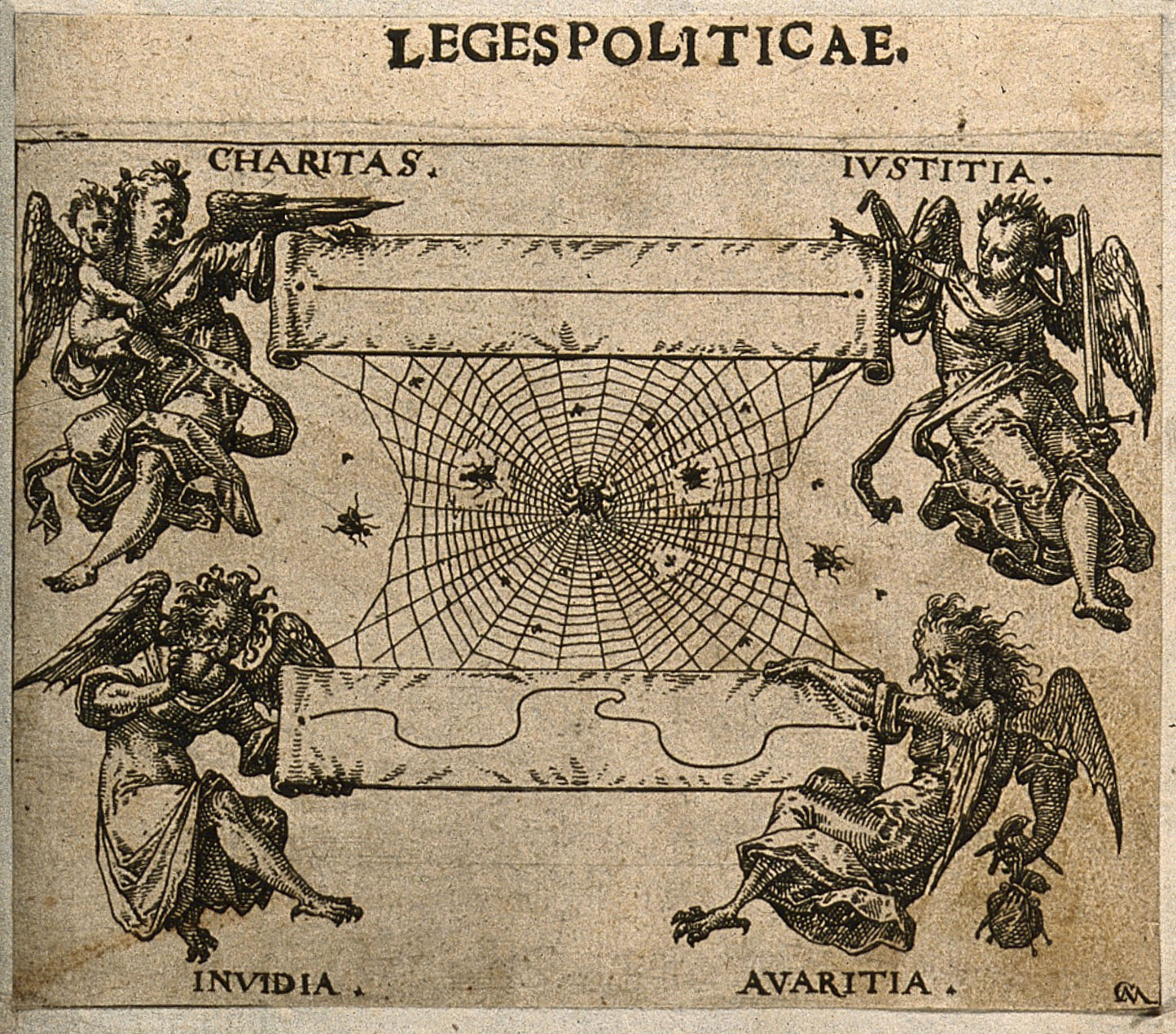 Allegorical figures hold up two scrolls, separated by a spider's web: one shows a straight line between "Charitas" and "Iustitia"; the other a crooked line between "Invidia" and "Avaritia". Etching by C. Murer after himself, c. 1600-1614.