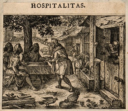 Feast scene representing hospitality; alluding to Abraham and the three angels. Etching by C. Murer after himself, c. 1600-1614.