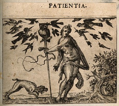 Birds attacking an owl resting upon a staff held by a naked woman; representing patience. Etching by C. Murer after himself, c. 1600-1614.