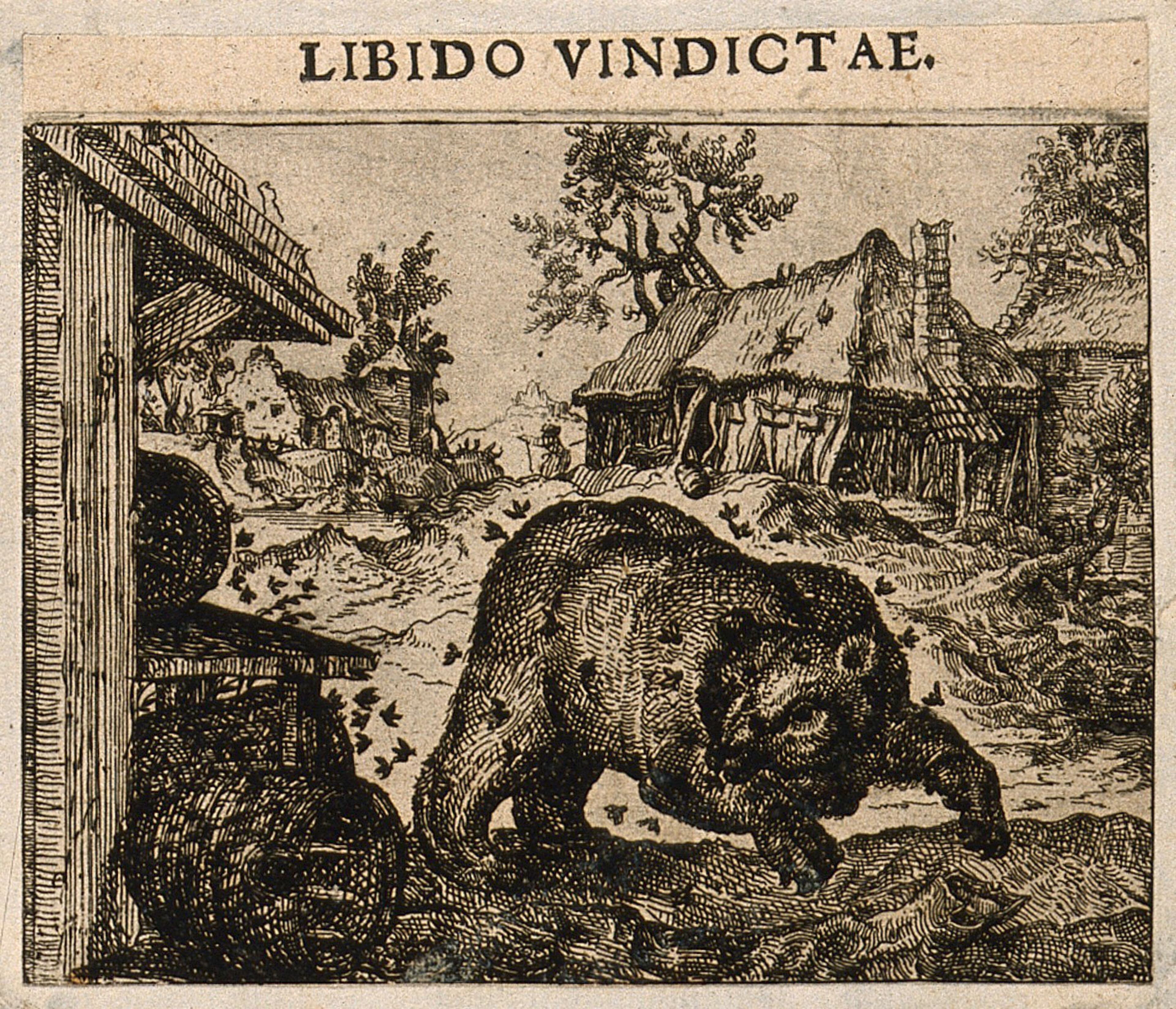 A bear overturns a barrel and is stung by bees; representing Aesop's fable. Etching by C. Murer after himself, c. 1600-1614.