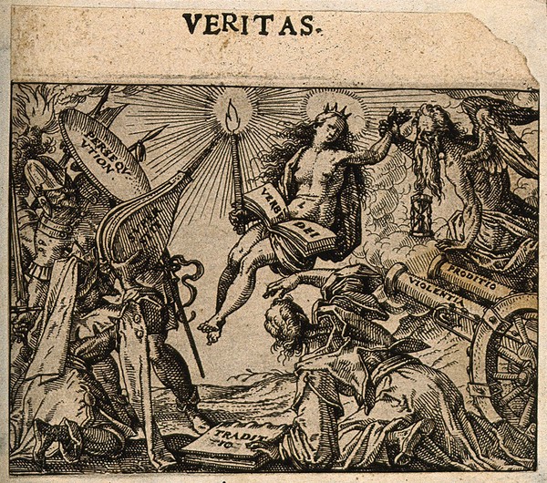 Truth represented as the word of God assailed by persecution, superstition, tradition, betrayal and violence. Etching by C. Murer after himself, c. 1600-1614.
