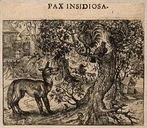 view A fox talking to a chicken; representing a fable by Aesop on false friendship. Etching by C. Murer after himself, c. 1600-1614.