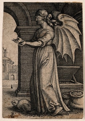 view A winged, blindfolded woman; representing avarice. Engraving by G. Pencz.